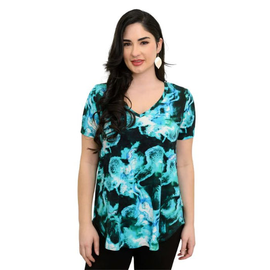 female model wearing charisma print jackie top front view on white backround
