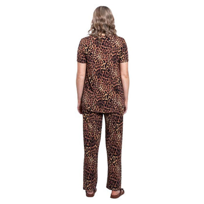 female model wearing chocolate leopard print jackie top and chocolate leopard print dream pants back view on white backround