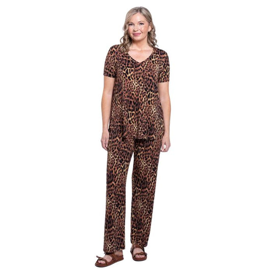 female model wearing chocolate leopard print jackie top and chocolate leopard print dream pants front view on white backround