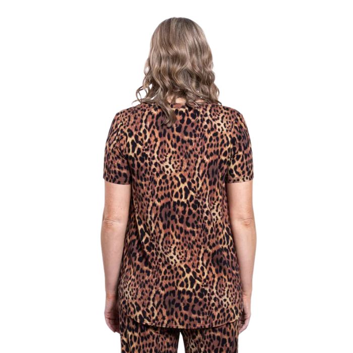 female model wearing chocolate leopard print jackie top back view on white backround
