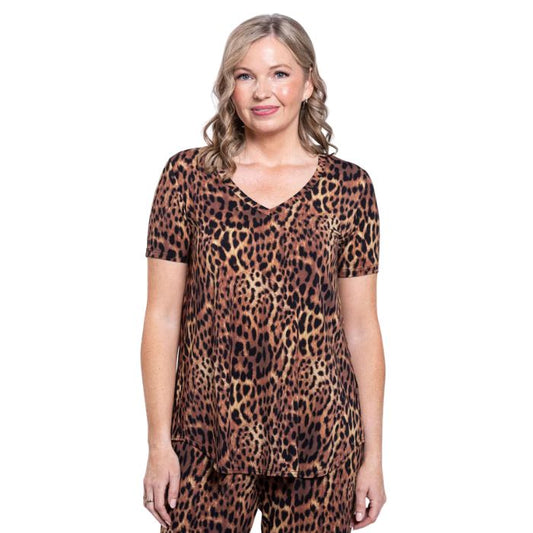 female model wearing chocolate leopard print jackie top front view on white backround