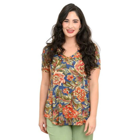 female model wearing khaki vintage print jackie top front view on white backround