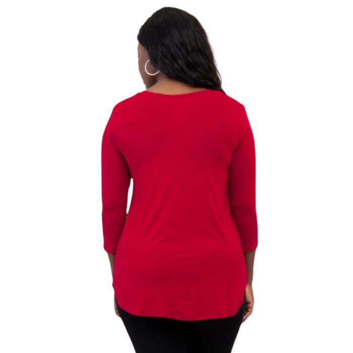 female model wearing lipstick red jackie top back view on white backround