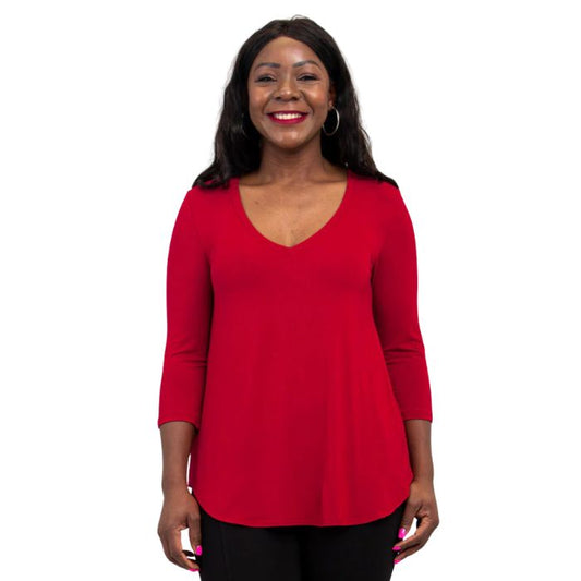 female model wearing lipstick red jackie top frront view on white backround