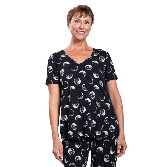 female model wearing moonstruck print jackie top front view on white backround