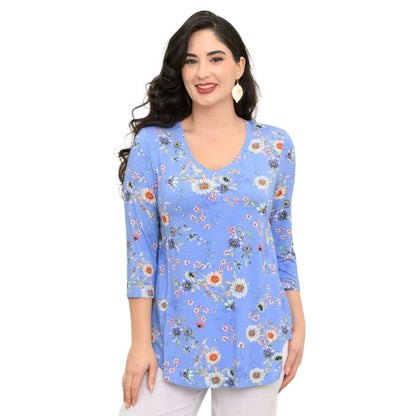female model wearing peri daisy print jackie front view on white backround
