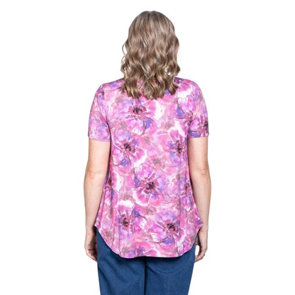 female model wearing royale cardiff print jackie top back view on white backround