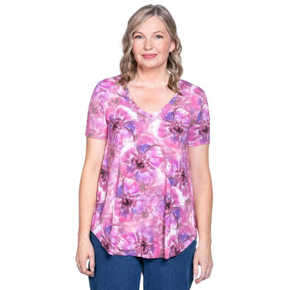 female model wearing royale cardiff print jackie top front view on white backround