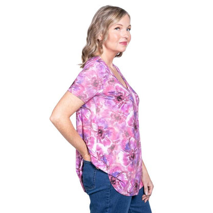 female model wearing royale cardiff print jackie top side view on white backround