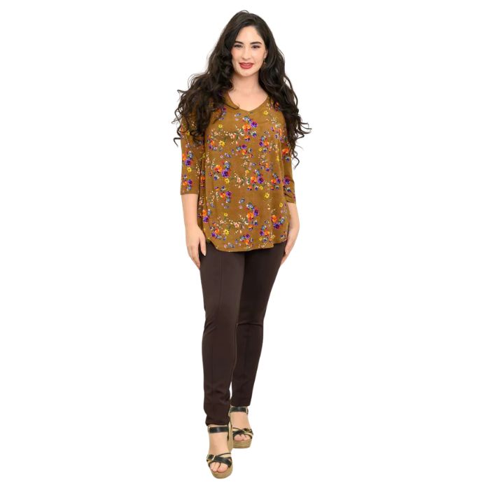 female model wearing sand pansy print jackie top and coffee brown nadia pants front view on white backround