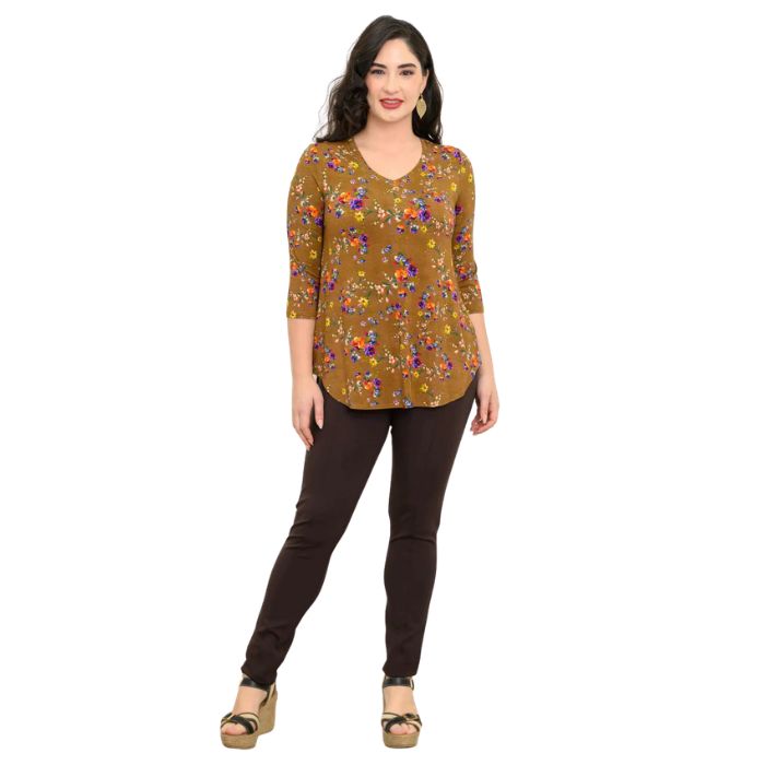 female model wearing sand pansy print jackie top and coffee brown nadia pants front view on white backround