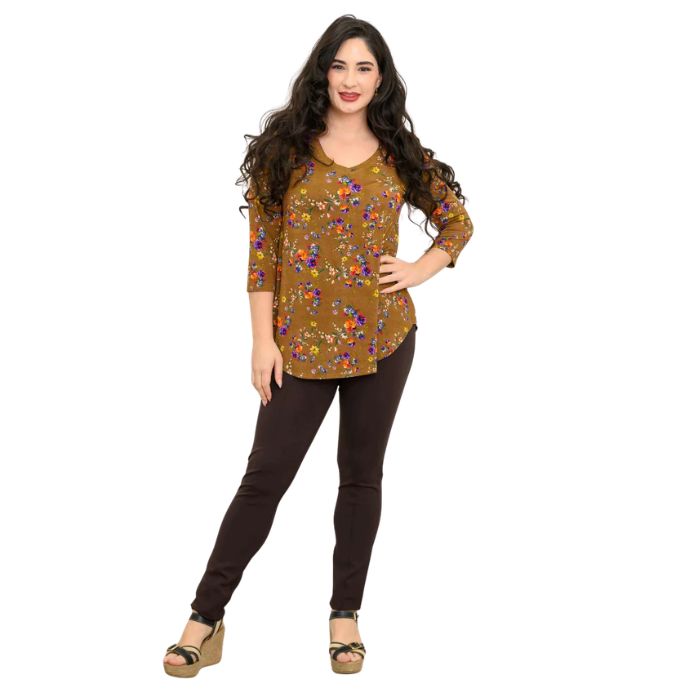 female model wearing sand pansy print jackie top and coffee brown nadia pants front view on white backround