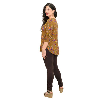 female model wearing sand pansy print jackie top and coffee brown nadia pants side view on white backround