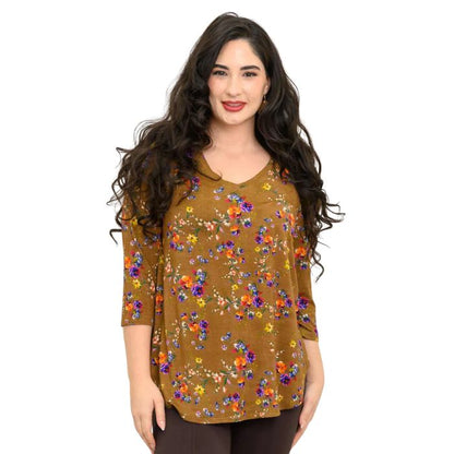 female model wearing sand pansy print jackie top front view on white backround