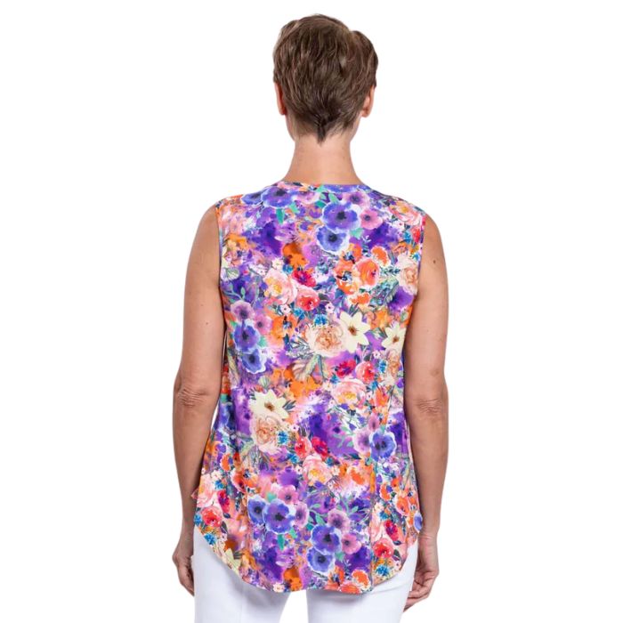 female model wearing violet fiesta print jackie tank top back view on white backround