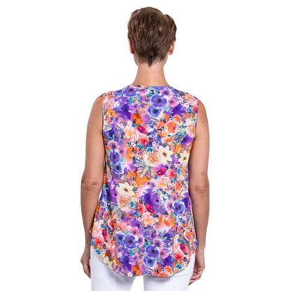 female model wearing violet fiesta print jackie tank top back view on white backround