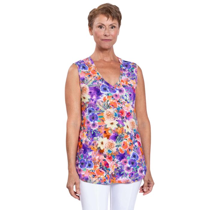 female model wearing violet fiesta print jackie tank top front view on white backround