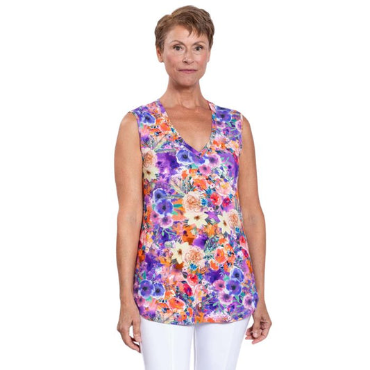 female model wearing violet fiesta print jackie tank top front view on white backround
