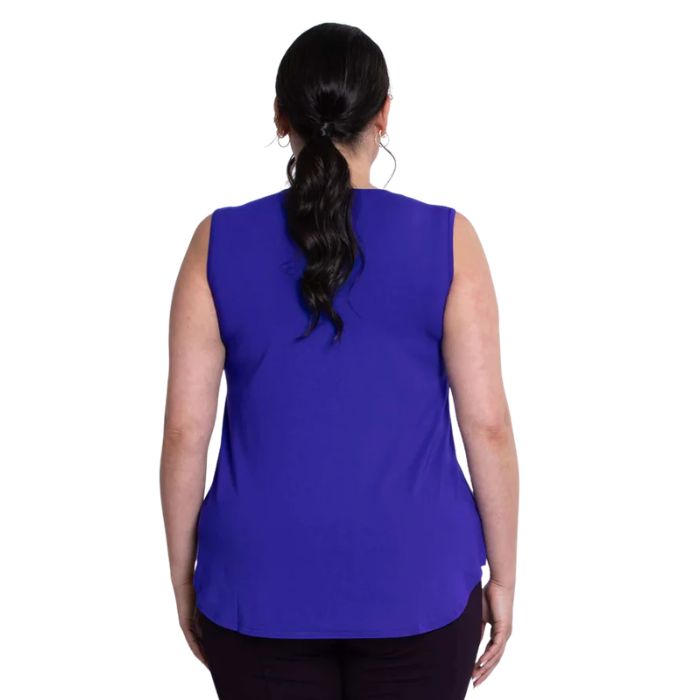 female model wearing violet purple jackie tank top back view on white backround