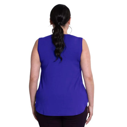 female model wearing violet purple jackie tank top back view on white backround