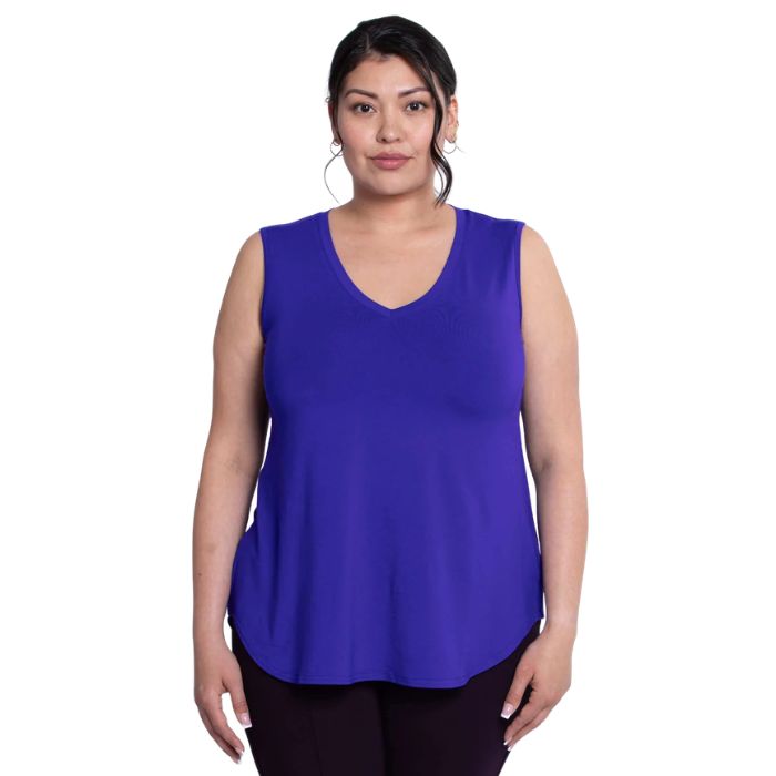 female model wearing violet purple jackie tank top front view on white backround