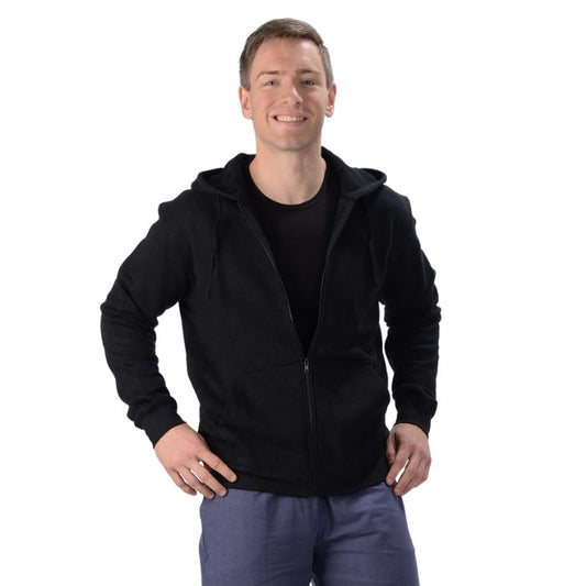 male model wearing black jason zip-up hoodie front view on white background