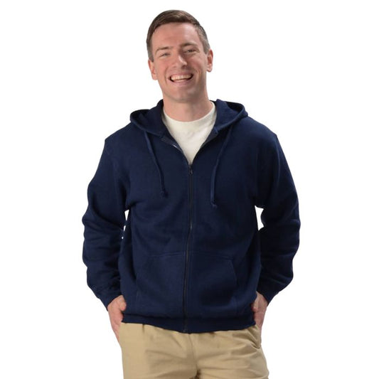 male model wearing navy blue jason zip-up hoodie front view on white background