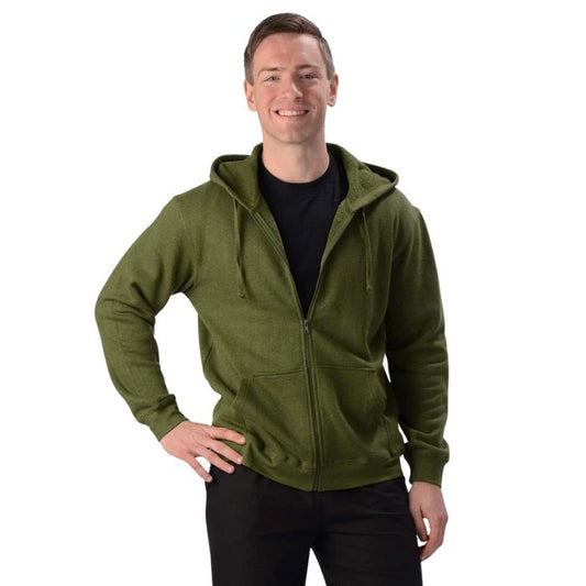 male model wearing olive green jason zip-up hoodie front view on white background