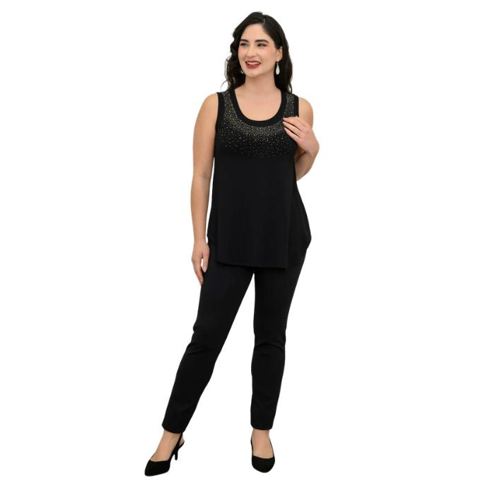 female model wearing black diamond jazz tank top and black nadia pants front view on white background