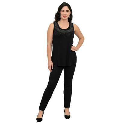 female model wearing black diamond jazz tank top and black nadia pants front view on white background