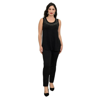 female model wearing black diamond jazz tank top and black nadia pants front view on white background