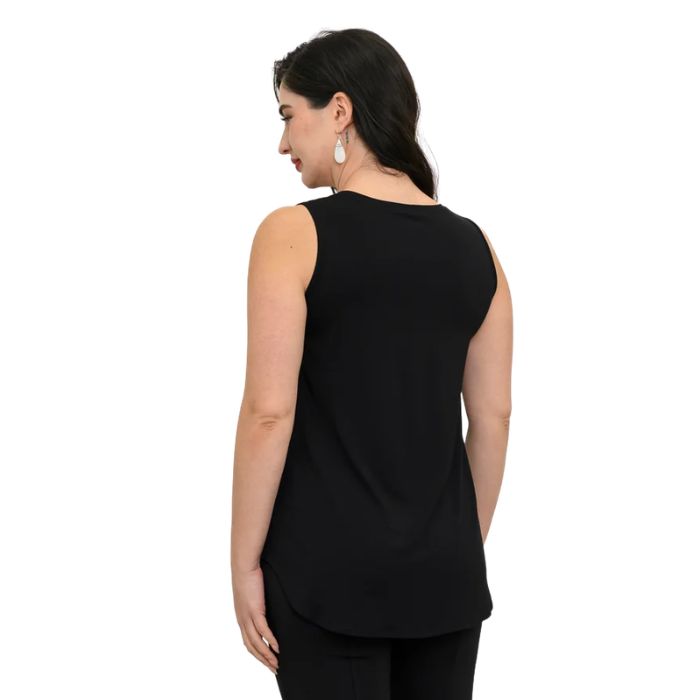 female model wearing black diamond jazz tank top back view on white background
