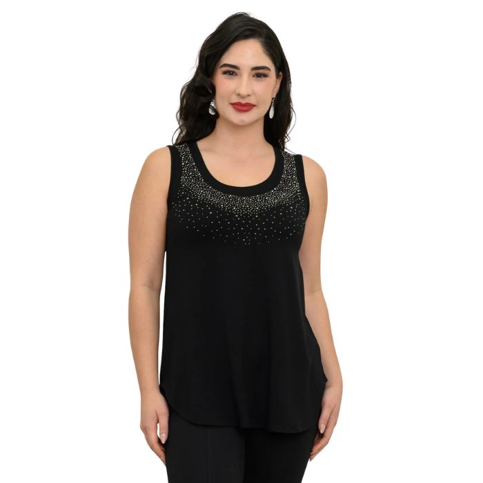 female model wearing black diamond jazz tank top front view on white background