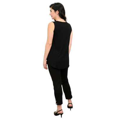 female model wearing black jazz tank top and black nadine cropped pants back view on white background