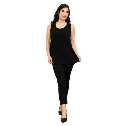 female model wearing black jazz tank top and black nadine cropped pants front view on white background