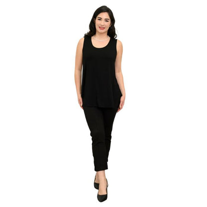 female model wearing black jazz tank top and black nadine cropped pants front view on white background