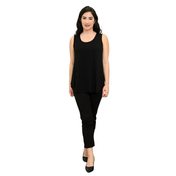 female model wearing black jazz tank top and black nadine cropped pants front view on white background