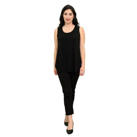 female model wearing black jazz tank top and black nadine cropped pants front view on white background