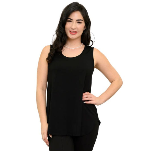 female model wearing black jazz tank top front view on white background