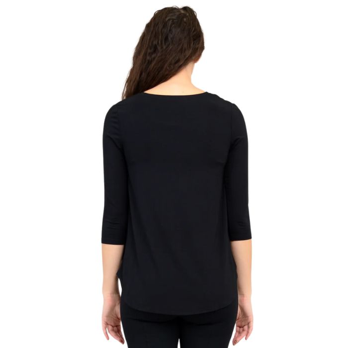 top half of female model wearing jazz black three quarter sleeve top back view on white background