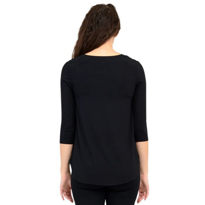 top half of female model wearing jazz black three quarter sleeve top back view on white background