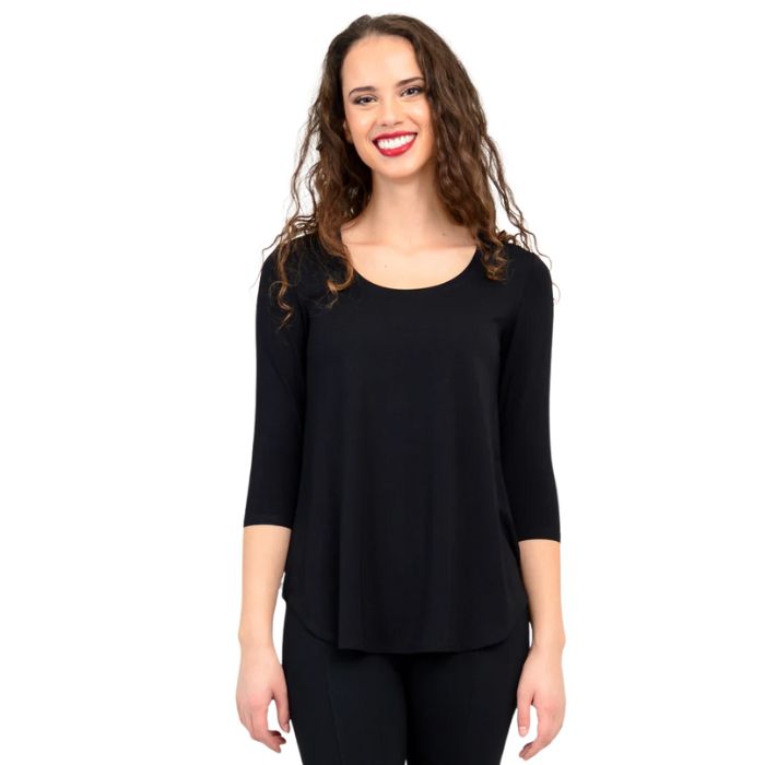 top half of female model wearing jazz black three quarter sleeve top front view on white background