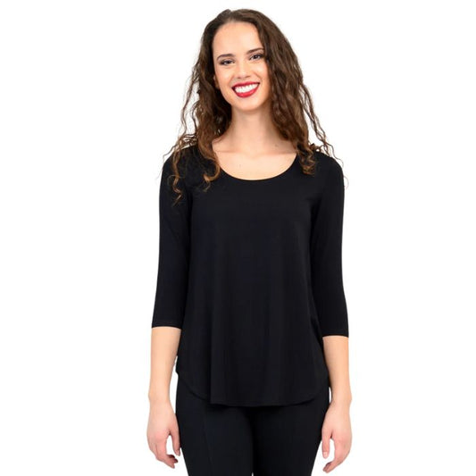 top half of female model wearing jazz black three quarter sleeve top front view on white background