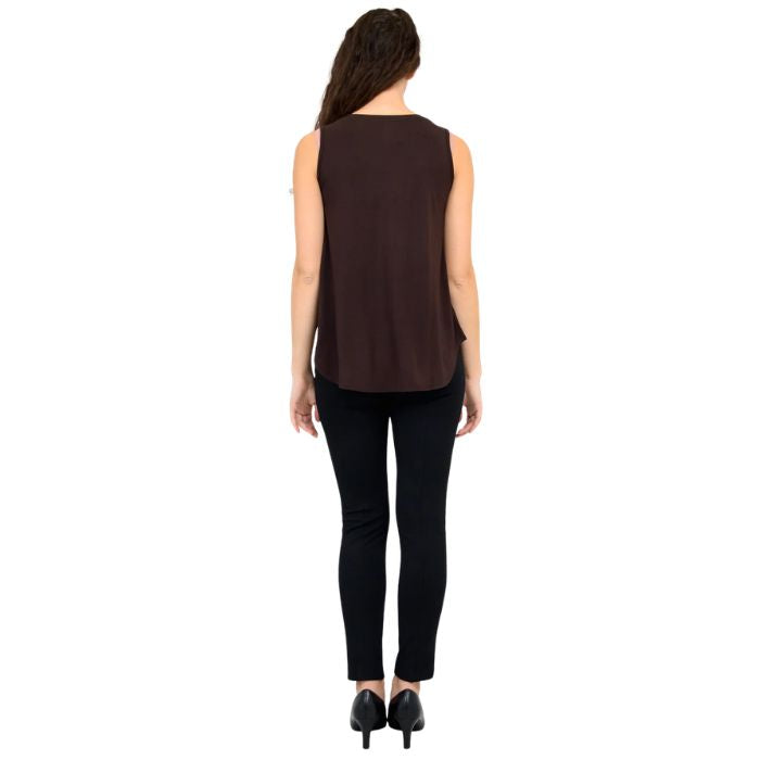 female model wearing coffee brown jazz tank top and black nadia pants back view on white background