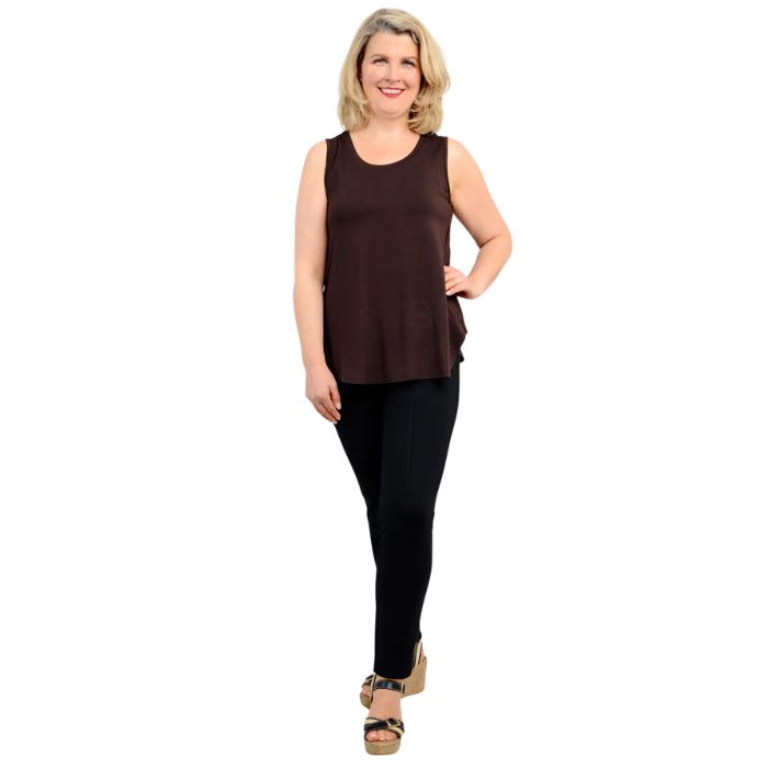 female model wearing coffee brown jazz tank top and black nadia pants front view on white background