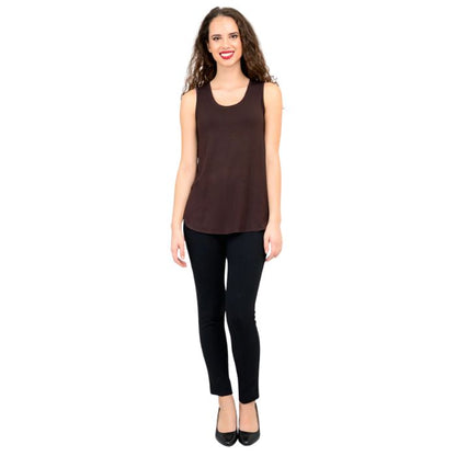 female model wearing coffee brown jazz tank top and black nadia pants front view on white background