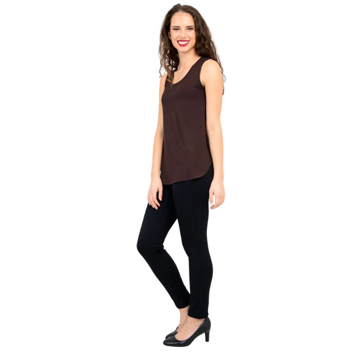 female model wearing coffee brown jazz tank top and black nadia pants side view on white background