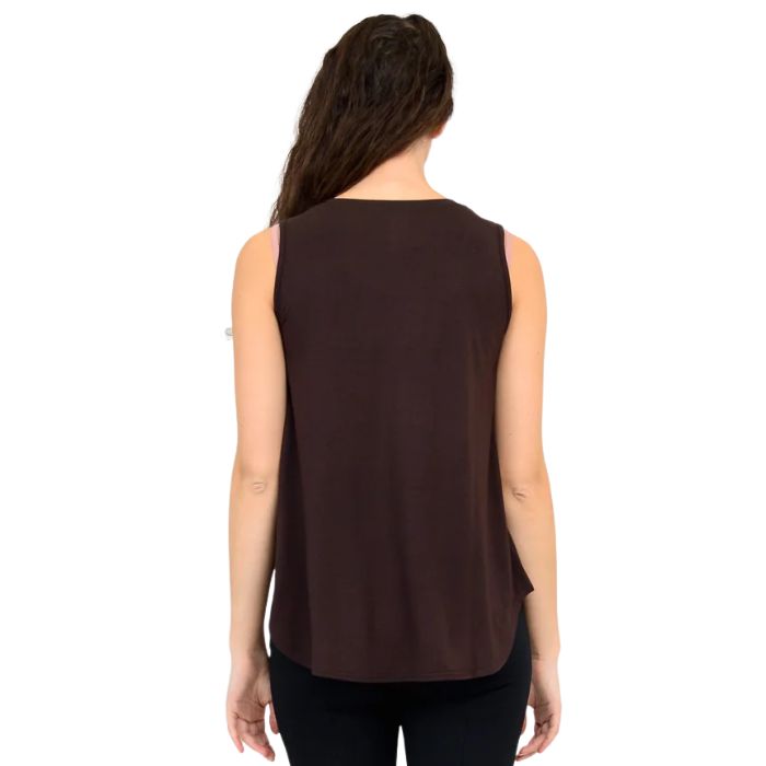 female model wearing coffee brown jazz tank top back view on white background