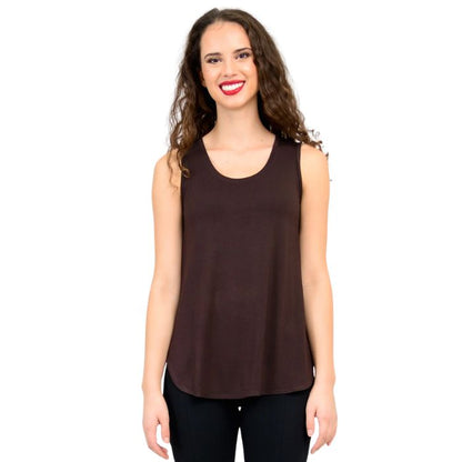 female model wearing coffee brown jazz tank top front view on white background