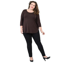 female model wearing jazz coffee brown three quarter sleeve top and nadia black pants front view on white background